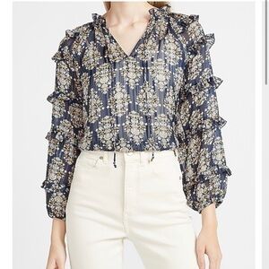 NWT Express V-Neck Floral Balloon Sleeve Blouse Women Size Medium Blue/Yellow